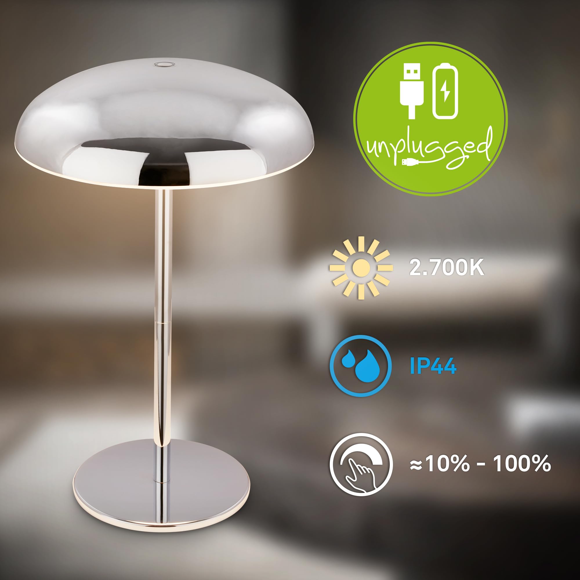 BRILONER - Lampara de mesa sin cable LED IP44 con borde luminoso, regulador táctil, batería intercambiable, lampara mesita noche sin cable, lampara mesa recargable, 19,5x30,5 cm, cromo