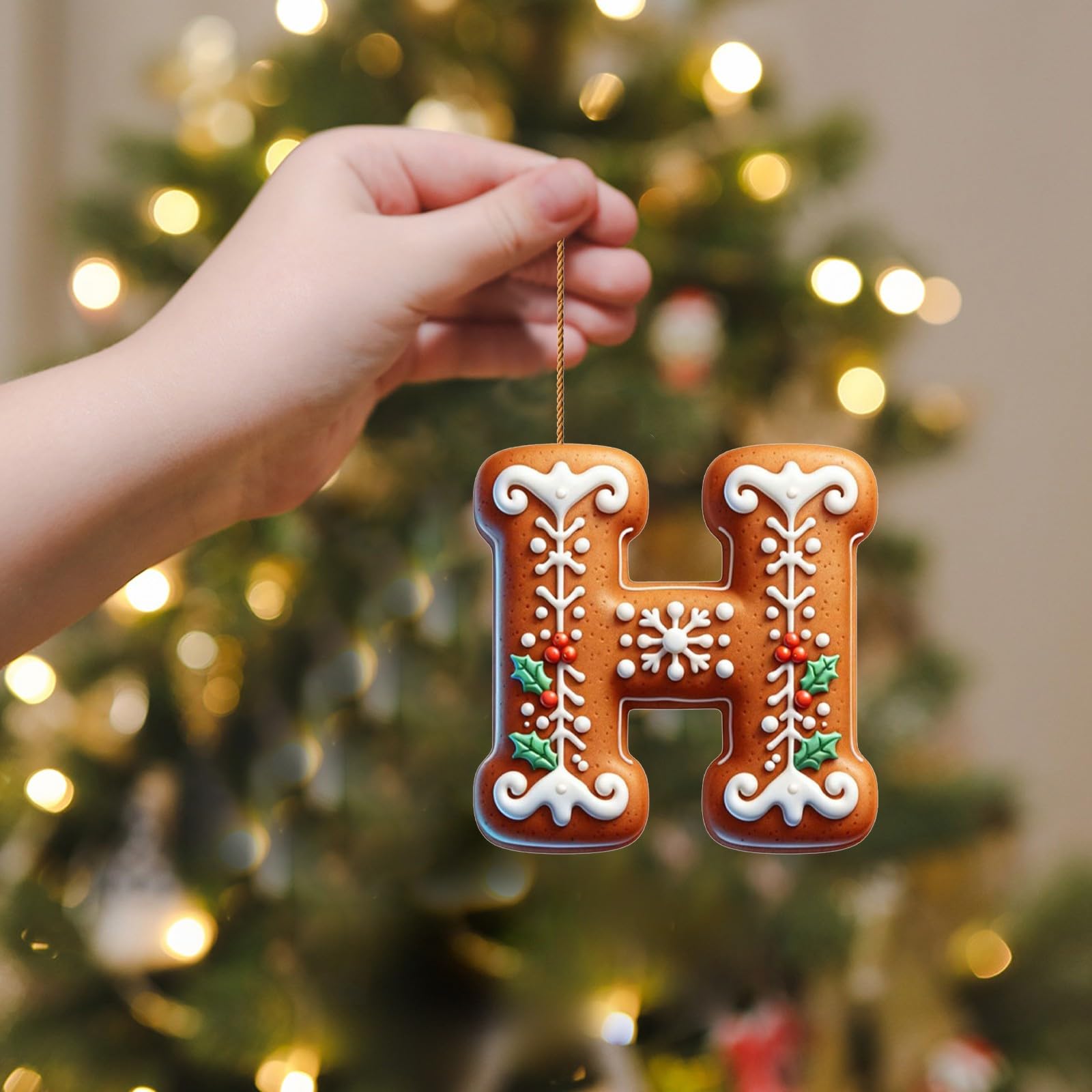 Corlidea H A-Z 26 Gingerbread Alphabet Ornaments For Christmas Tree Decorations, Candy Cane Initial Letter Xmas Pendant Wit Berries Pattern, Christmas Tree Anging Ornaments Diy For Ome Party Decor