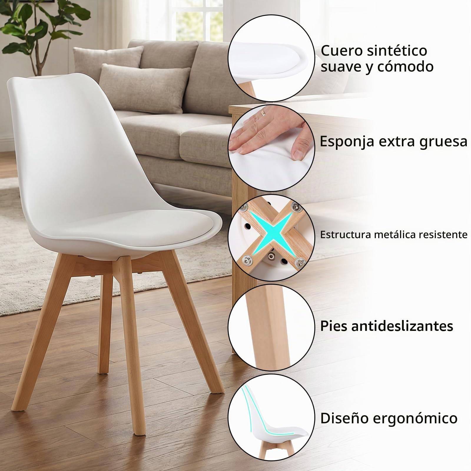 Set de Mesa y Sillas de Comedor, Mesa Redonda 100cm con 4 Sillas Blanco Estilo Escandinavo, Conjunto para Cocina, Salón o Comedor, Medidas: Mesa 100x100x75 cm, Sillas 56×46×82 cm