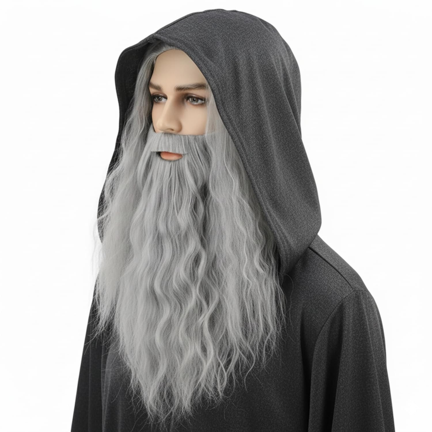 Long Gray Wig and Beard Set for Men Old Man Cosplay Wig with Fake Beard for Santa Claus Halloween Wizard Costume Christmas Party