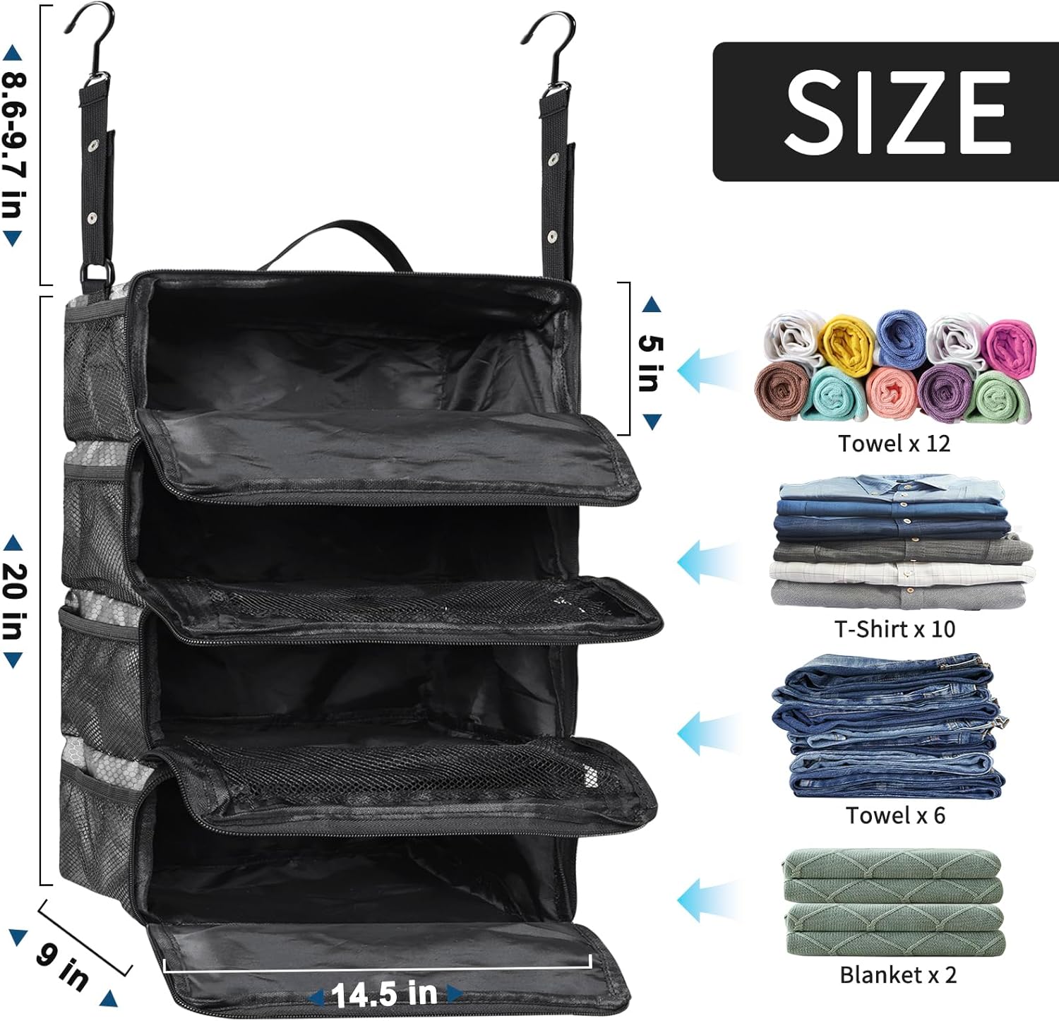 esouler Suitcase Organizer, Travel Luggage Organizer hanging packing cubes for travel,portable hanging travel shelves Collapsible closet organizer for Carry-on (Grey, Medium) - Image 2