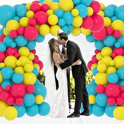 Miniatura 6 de Kit de arco de guirnalda de globos de color rosa intenso, verde azulado, azul, amarillo, 122 unidades, turquesa, azul, rosa, rojo, amarillo, para