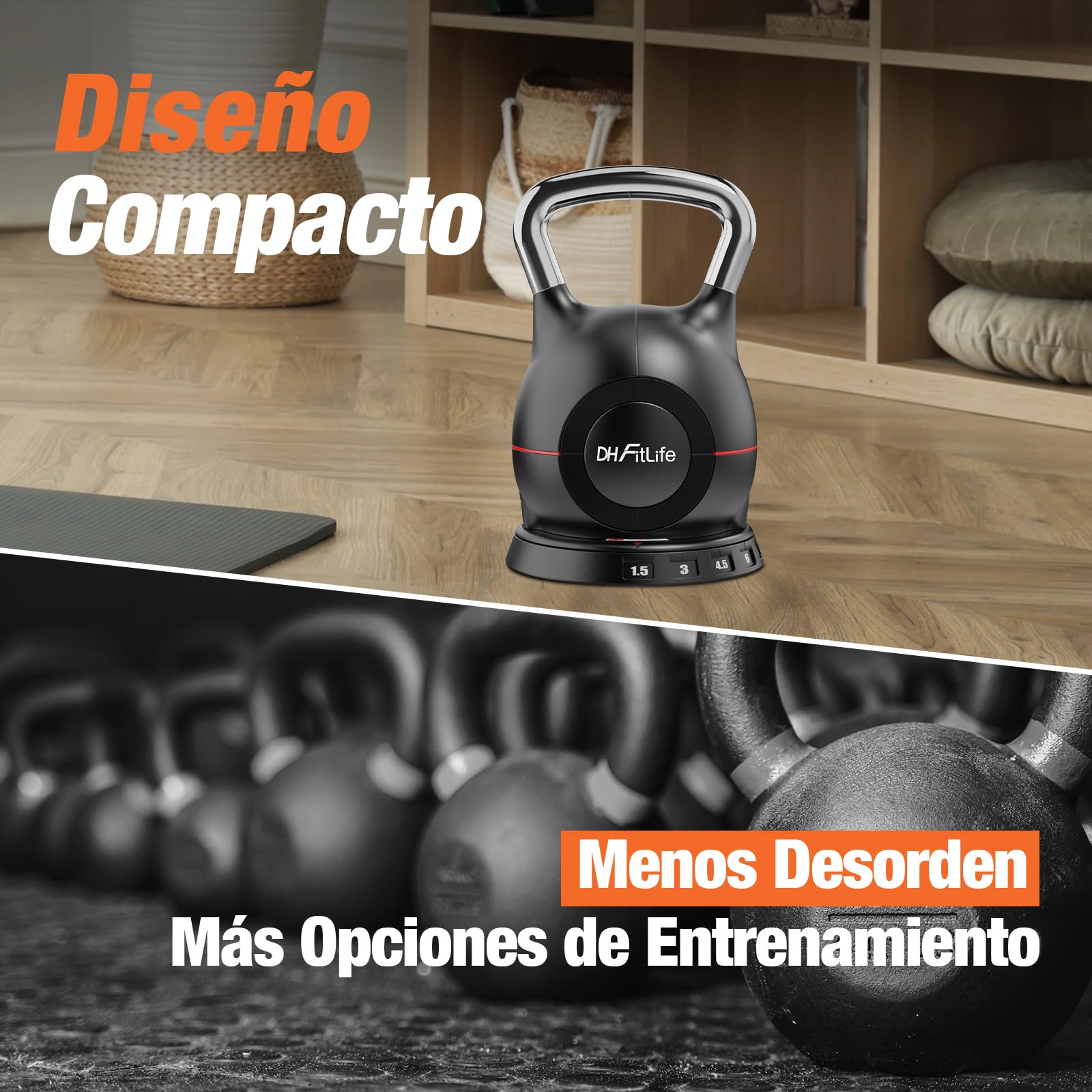 DH FitLife Pesa Rusa Ajustable 7 en 1 (1,5-10kg), Kettlebell con 7 Niveles de Peso, Mancuerna Kettlebell para Entrenamiento de Fuerza, Pesas para Casa y Gimnasio, Compacta y Ahorra Espacio