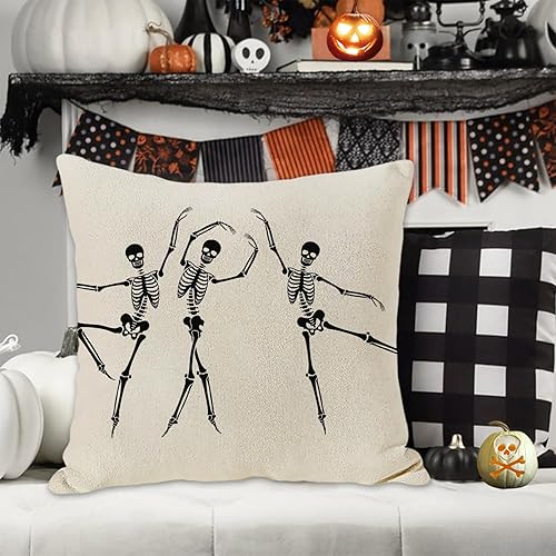 Miniatura 2 de JOOCAR Fundas de almohada de calavera de Halloween, diseño de esqueleto, divertida funda de cojín para sofá, decoración del hogar, 22 x 22 pulgadas,