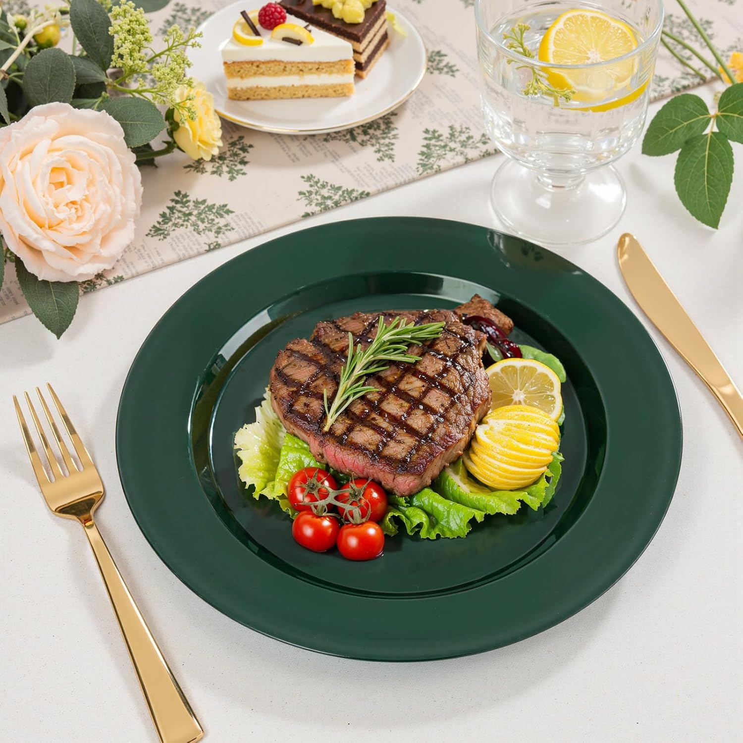 FLOWERCAT 200PCS Dark Green Plastic Plates Disposable Plates for Party - Heavy Duty Plastic Plates - 10" &7" Plate for 100 Guests New Year Parties and Events - Image 5