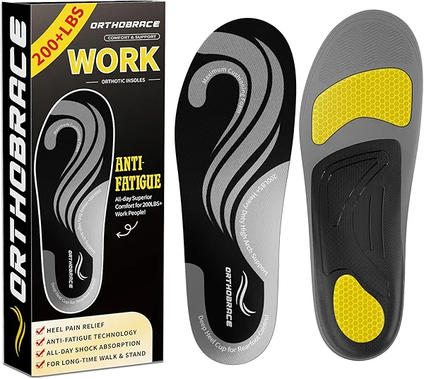 Orthobrace Work Insoles for Standing All Day, 200+lbs Heavy Duty High Arch Support Inserts, Foot Pain Relief for Plantar Fasciitis, Anti Fatigue,Work Boot Shoe Insoles Men Women-XL
