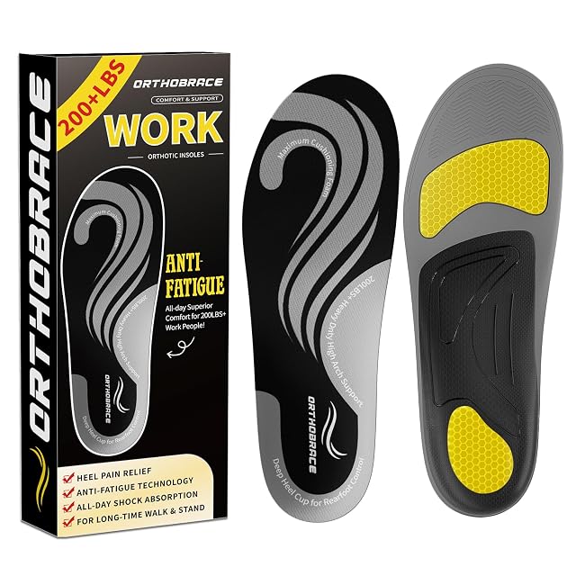 Orthobrace Work Insoles for Standing All Day 200 lbs Heavy Duty High Arch Support Inserts Foot Pain Relief