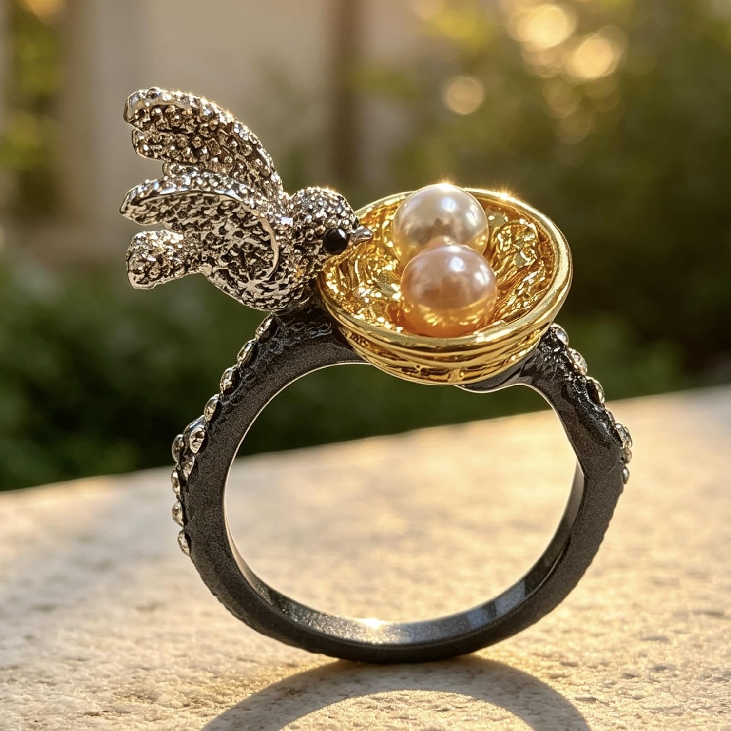 Bird Feeding Nest Ring for Women – Gold Plated Whimsical Design, Creative Animal Statement Jewelry Gift for Her, Birthday Present for Wife, Best Friend or Sister image 2