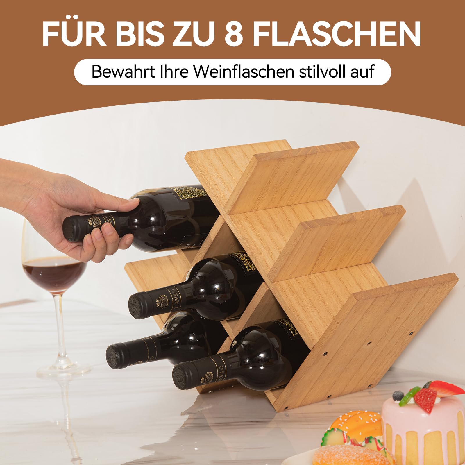 KIRIGEN hölzernes 8-Flaschen-Weinregal, 3-stufiges Holz-Wein-Displayregal, Stand- und Theken-Weinaufbewahrungsregal, Flaschenhalter & Glasregal für Schrank. natürliche Farbe
