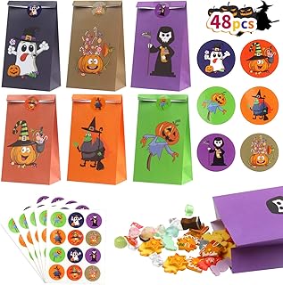 LOKIPA 48 Pack Halloween Paper Treat Bags, Trick or Treat Bags Candy Gift Bags with Stickers for Halloween Party Favors (6 Designs)