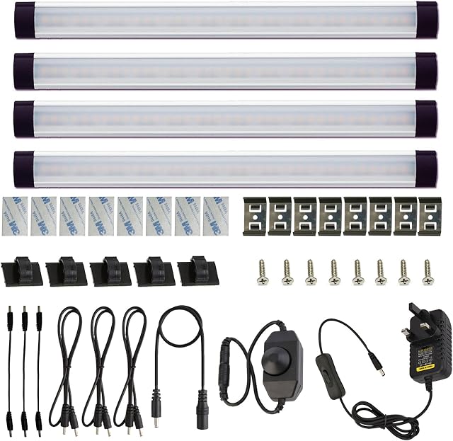 AIBOO LED Under Cabinet Lighting Kit,Kitchen Light Bar with Dial Dimmer Switch for Counter Cupboard Closet Lighting (6000K Daylight White, 4 Panels)
