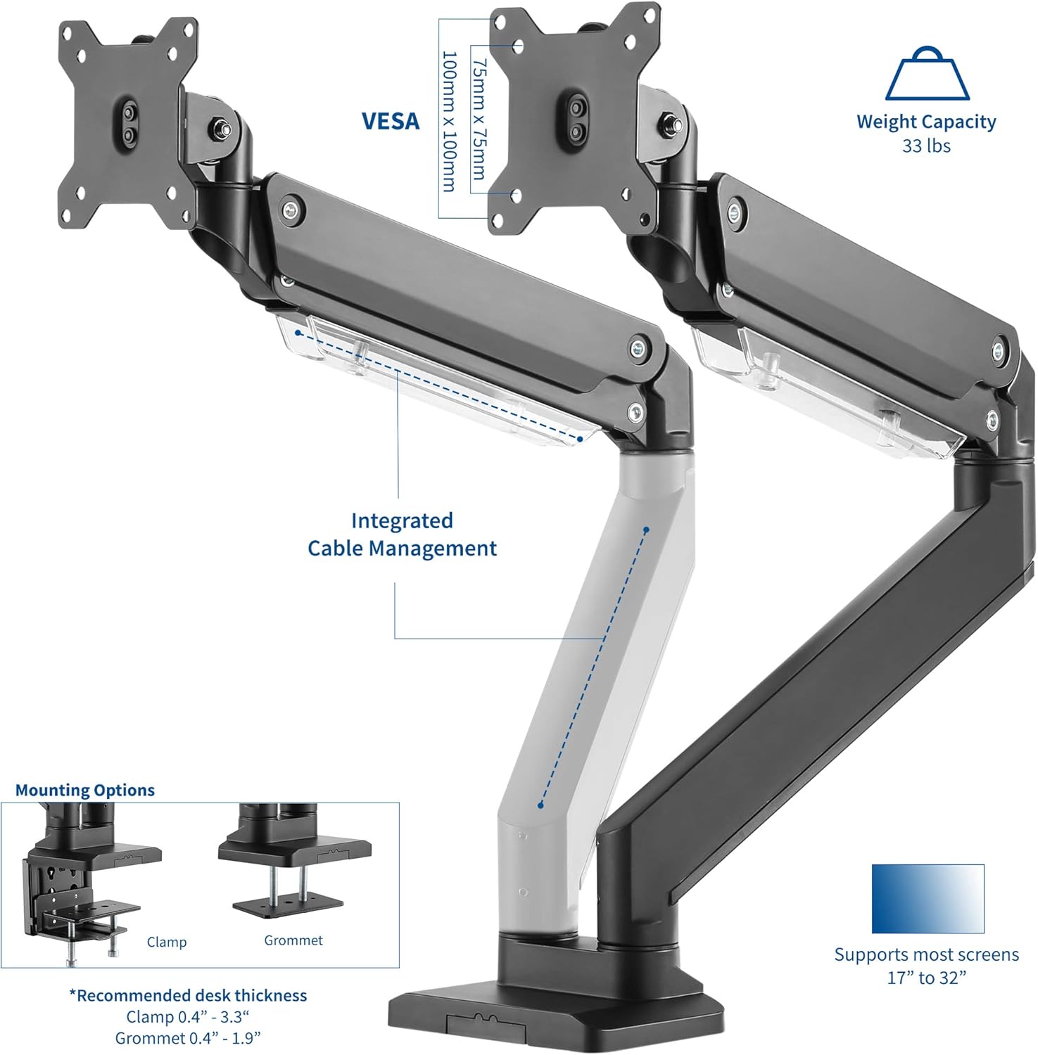 Hоttеѕt Sаlе VIVO Premium Aluminum Heavy Duty Arm, Standard and Widescreen Dual Monitor Desk Mount with Instant Pneumatic Spring Height Adjustment, VESA Stand fits 2 Screens up to 32 inches, STAND-V102G2