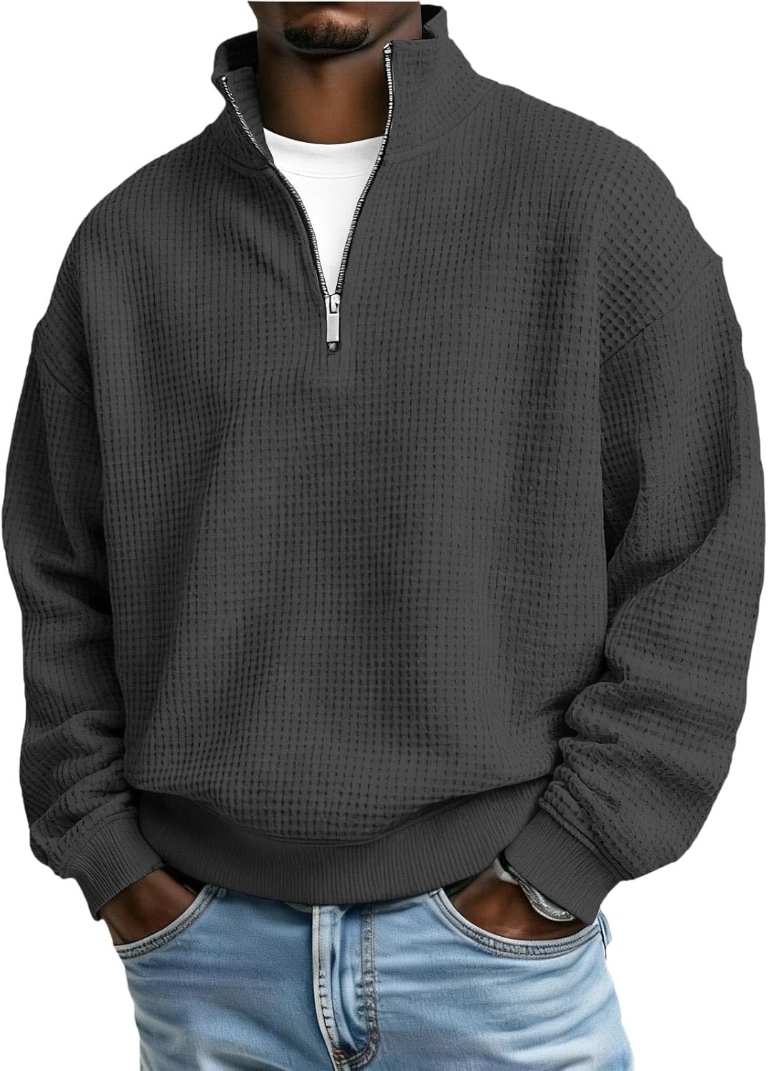 Lmdudan Mens Waffle Sweatshirt Casual Stand Collar Quarter Zip Pullover 2026 Spring Summer Ribbed Long Sleeve Sweatshirts