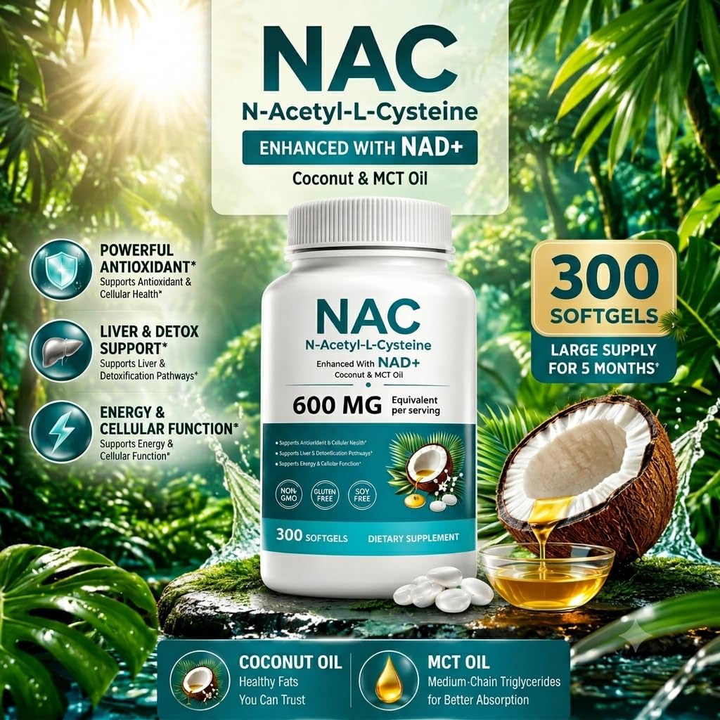 NAC N-Acetyl L-Cysteine 600 mg Softgels | Enhanced with Coconut & MCT Oil,Non-GMO, Gluten Free | 300 Softgels (100 Day Supply）
