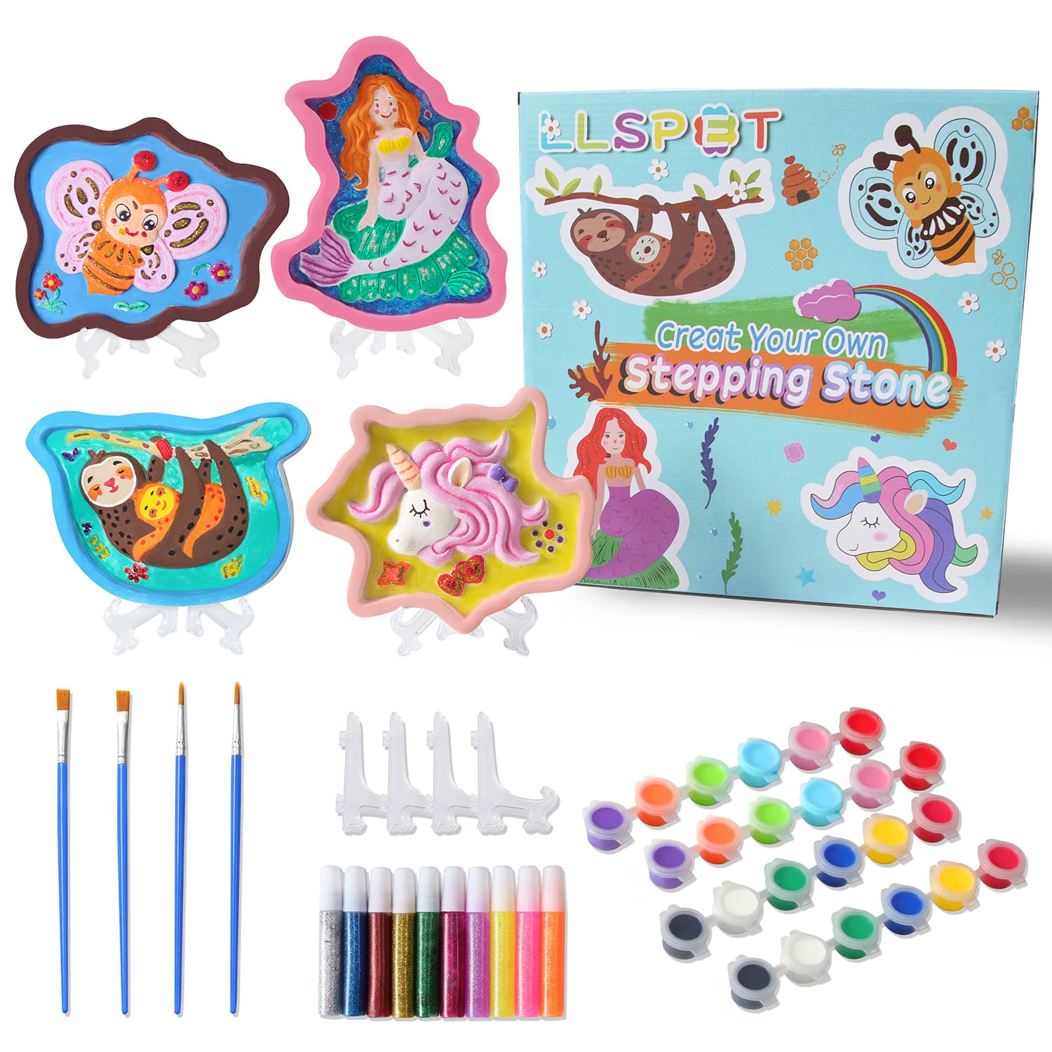 Paint Your Own Unicorns & Mermaid DIY Craft Kit, Multipack Ceramic Stepping Stones & Stand, Art Supplies Creativity Arts & Crafts Kit for Kids, Toys for 3 4 5 6 7 8 Years Old Girls Boys Gift 4 Pack