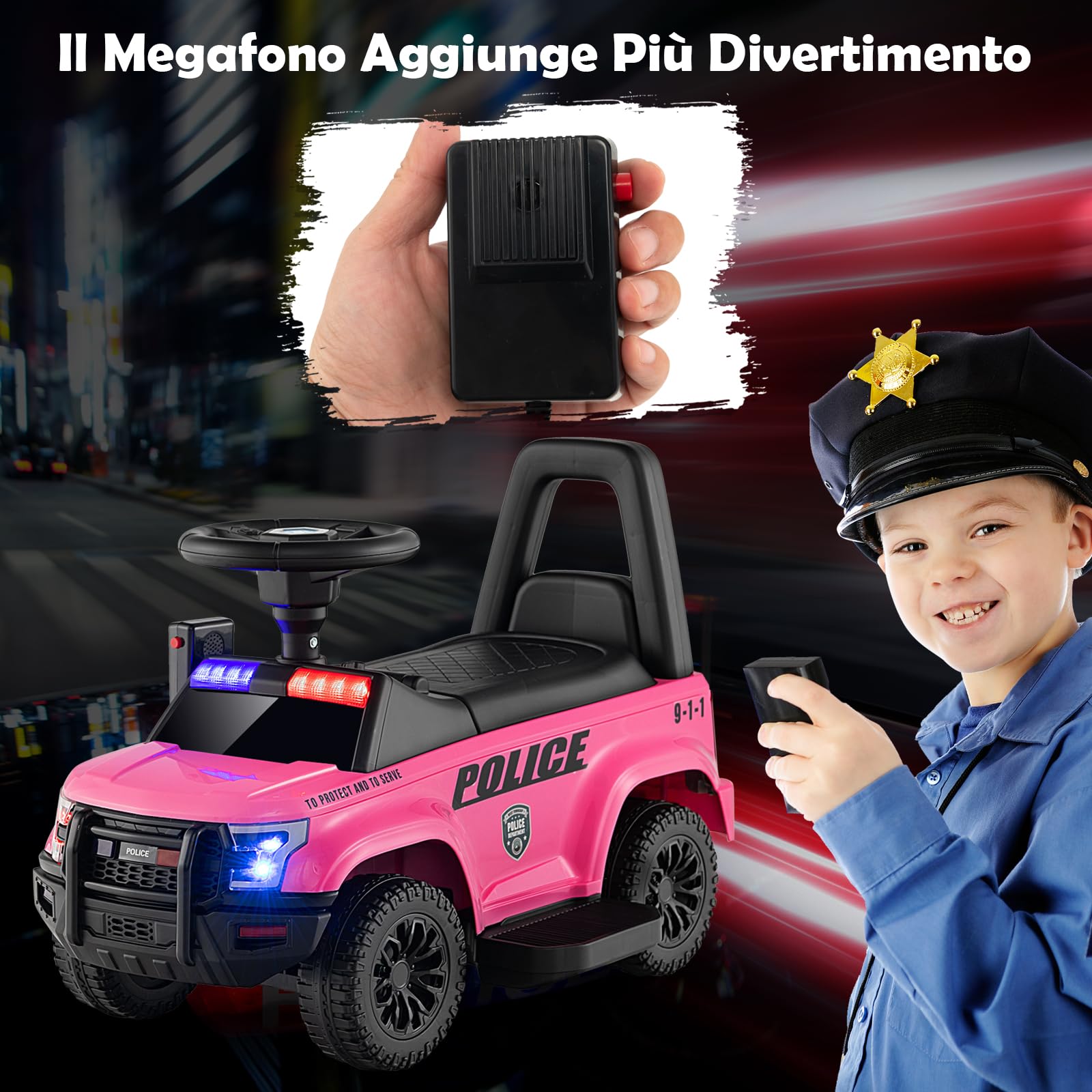 GYMAX Macchina della Polizia Alimentata a Batteria 6V con Megafono Sirene e Luci, Cavalcabile con Musica per Bambini e Bambine 18-60 Mesi (Rosa)