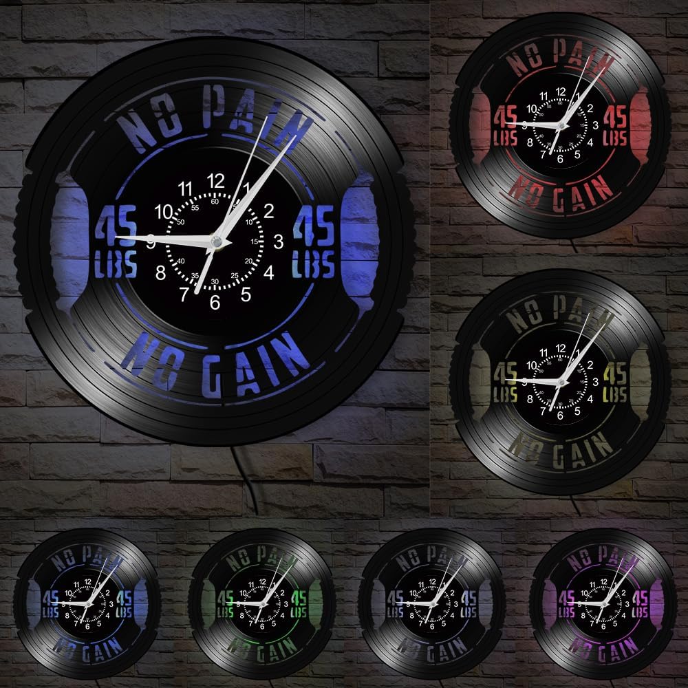 12'' Weight Plate Art Wall Clock 7 Kinds of LED Color, Gym Barbell Design Night Light Wall Clock Silent Non Ticking Weightlifting Vinyl Wall Watch Clock for Workout Room Fitness Center Room