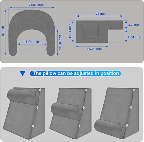 Miniatura 5 de Juego de 3 almohadas de lectura para adultos, soporte ergonómico para espaldacuello con brazos y bolsillos, espuma de alta densidad 26D para cama,