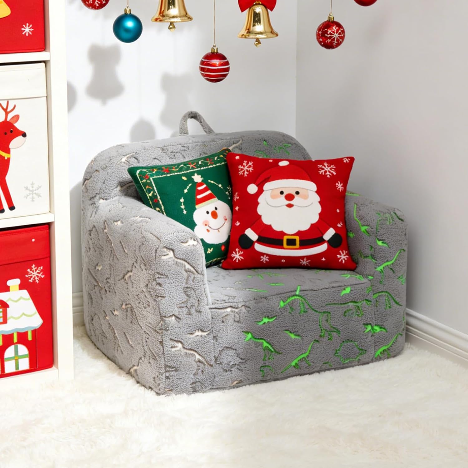 ALIMORDEN Kids Ultra-Soft Snuggle Foam Filled Chair, Glow-in-The-Dark Dinosaurs Fossil Pattern Toddler Cuddly Sherpa Reading Couch for Boys and Girls