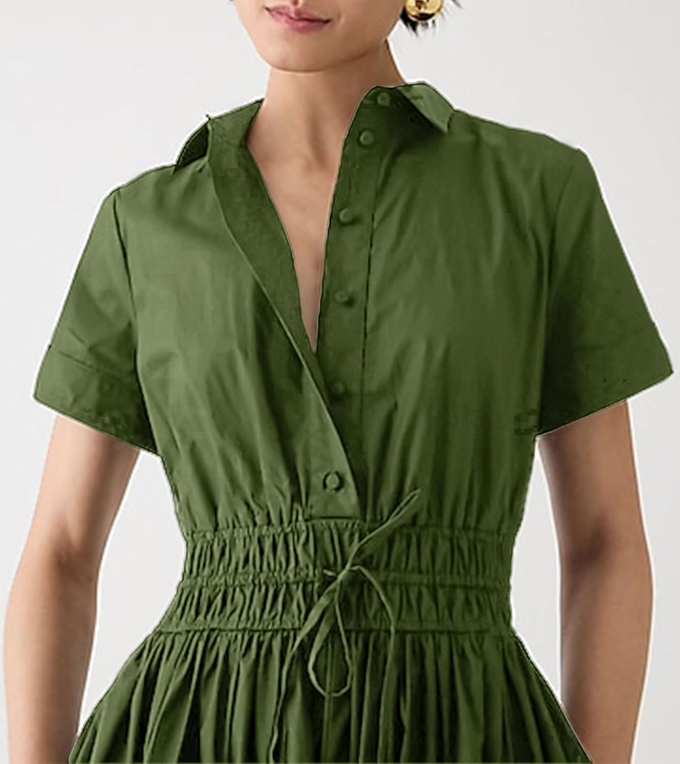 Ladyful Women Casual Button Down Short Sleeve Shirt Dress Tie Waist Midi Shirt Dress Elegant Business Party - Image 2