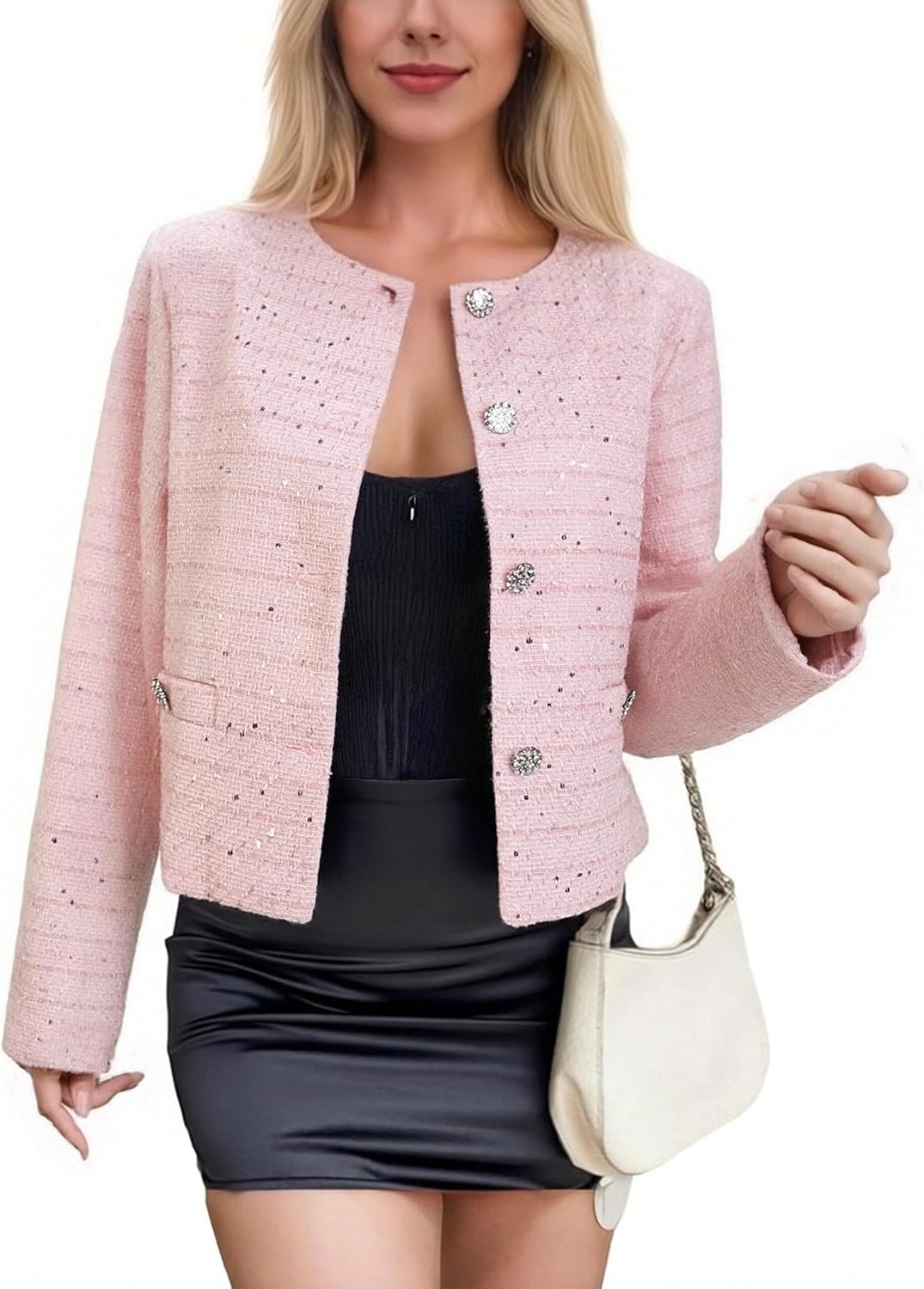 Women's Short Tweed Blazer Casual Fashion Round Neck Sparkly Jacket - Image 2