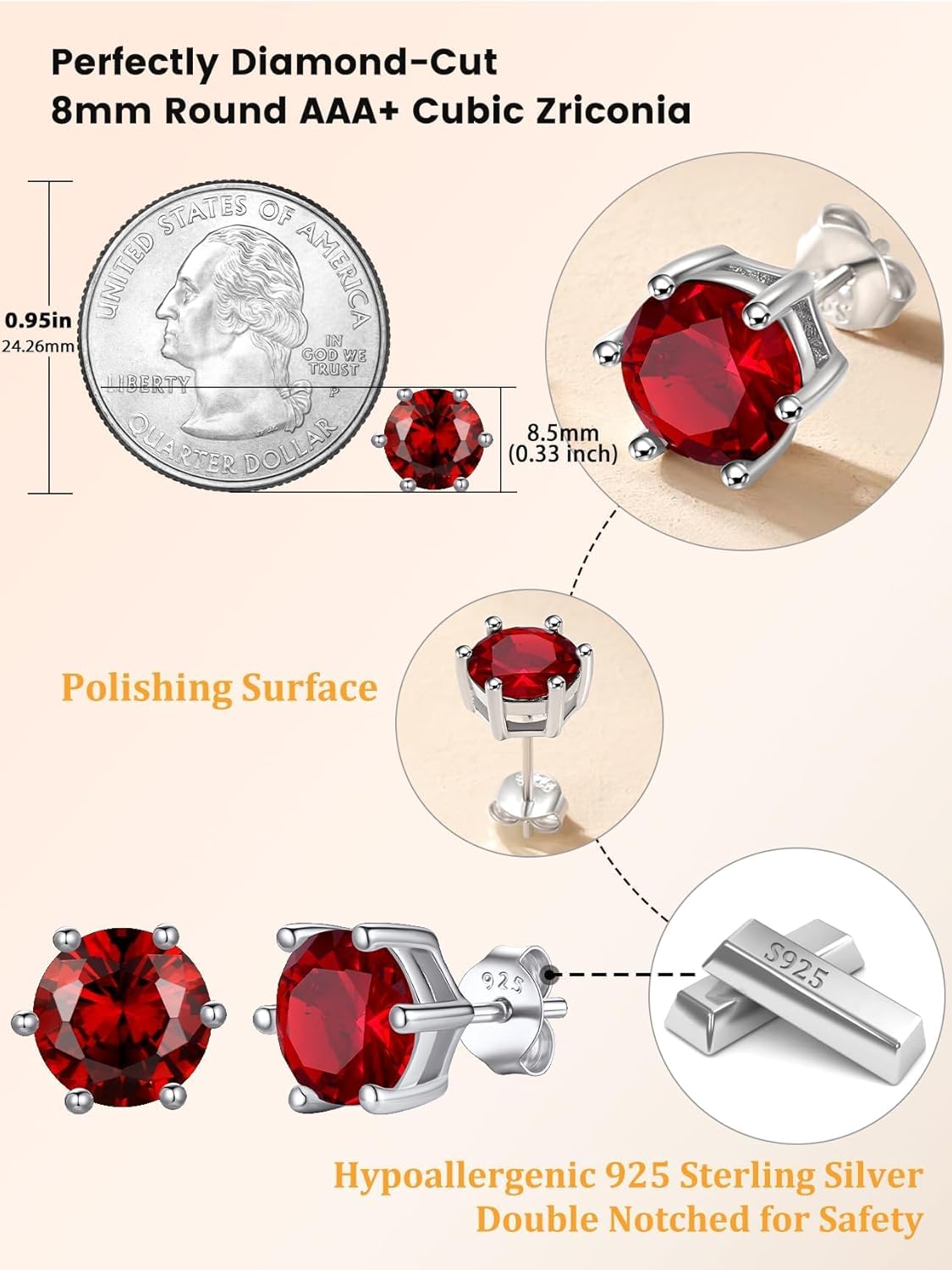 Bestyle 925 Sterling Silver 2CT Birthstone Stud Earrings for Women, Hypoallergenic Heart/Round/Square Cubic Zirconia Earrings Dainty Jewelry Gifts for Birthday,Christmas,Valentine's Day - Image 3