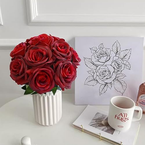 Miniatura 7 de Eternal Blossom 10 flores artificiales de seda de color rojo vino, 10 unidades, flores artificiales de 19.7 pulgadas, ramo de rosas falsas para