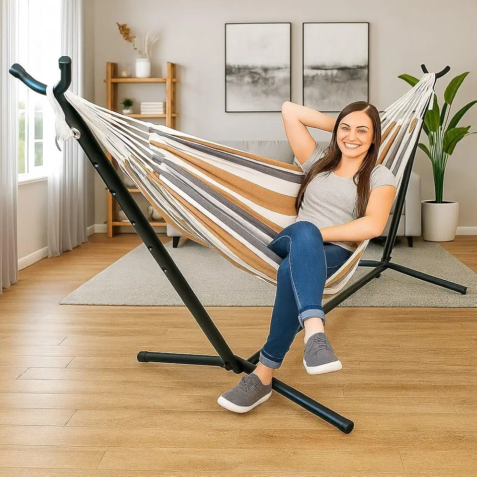 Suporte para Rede de Descanso, Estrutura de Aço, Preto, 150x100x115cm, 6 Níveis de Altura, Capacidade 150kg, com Ganchos e Travas