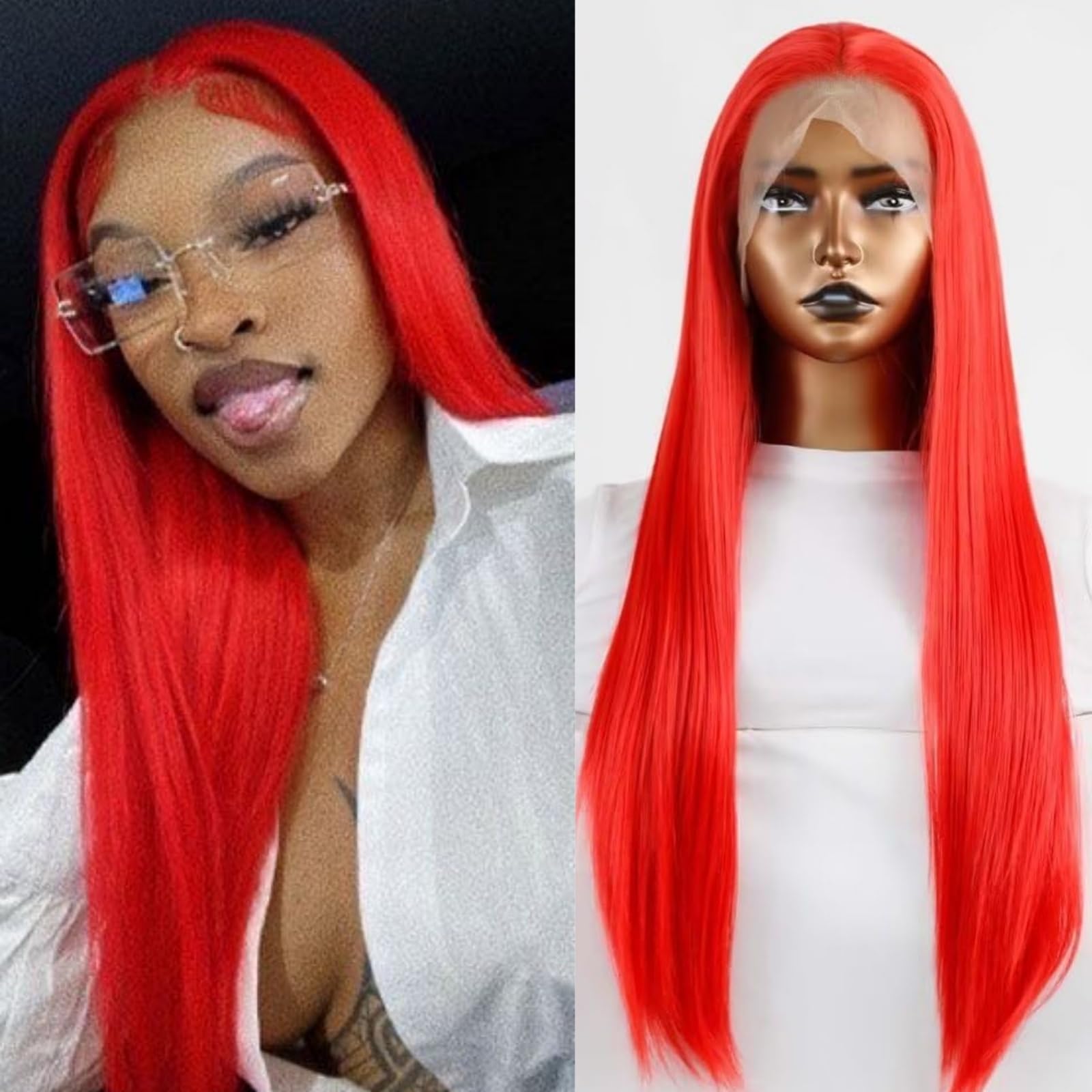 Red natural straight full lace wig 24” 24 Inch T1B/Red Synthetic Lace Front Wig | Long Heat  main image 4