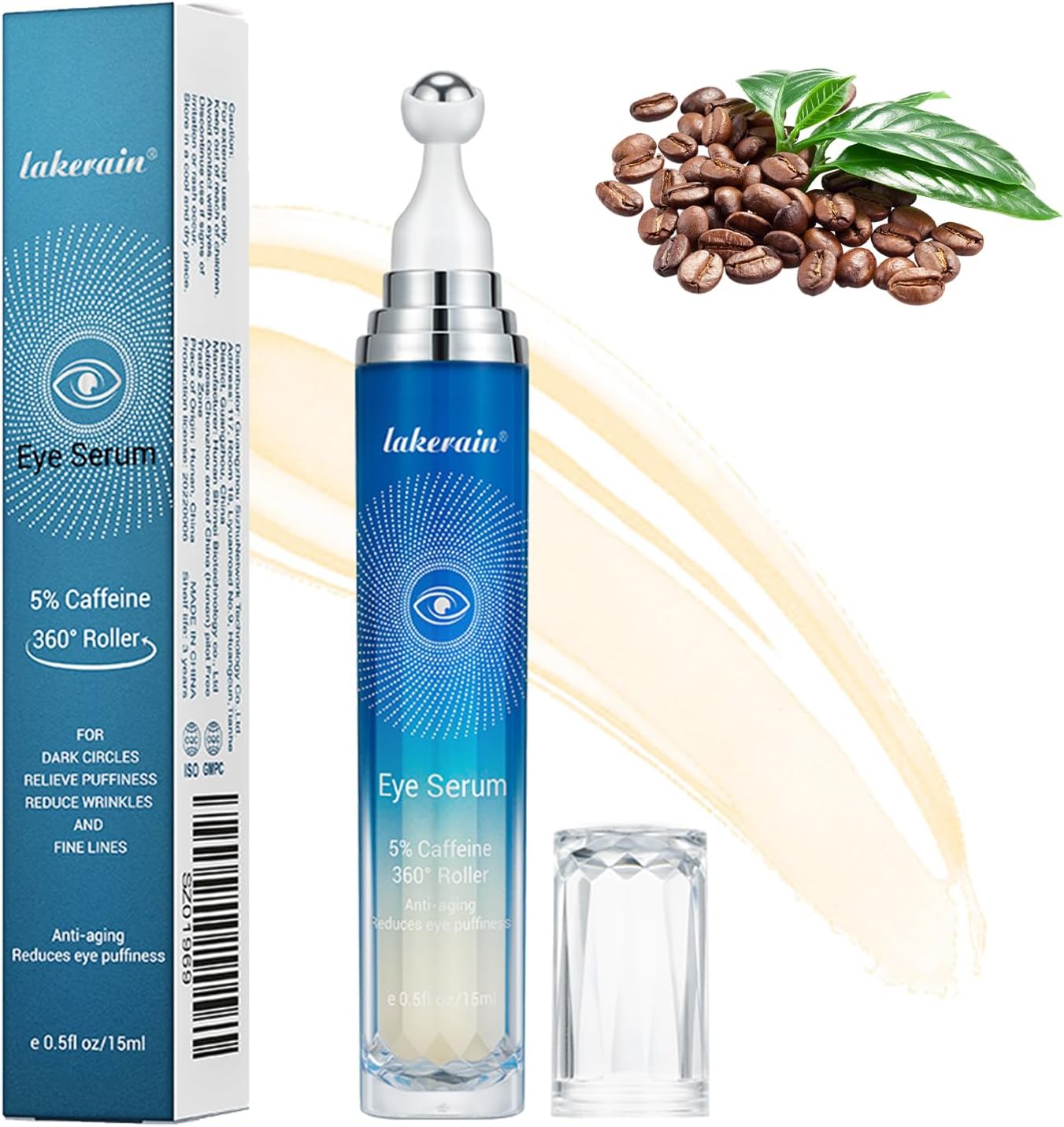 5% Caffeine Eye Serum with 360° Massage Roller Serum for Dark Circles & Relieve Puffiness, Reduce Wrinkles and Fine Lines, Bags, Tighten Lifting Under Eye Cream-0.5 OZ