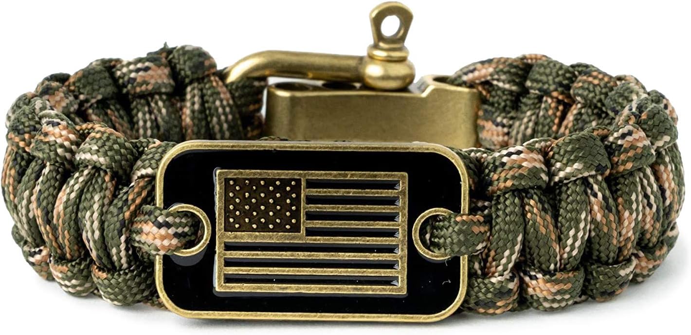 Hero Company Camo Paracord Bracelet - Tactical Survival Bracelet for Men with Bronze USA Flag - Helps Pair Military Veterans with a Companion Dog