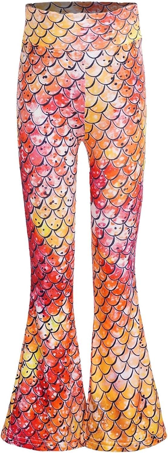 Girls Bell Bottoms Hippie Pants Flare Leggings High Waist Fish Scale Print Dance Trousers Gym Wear