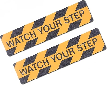 Qingluan Watch Your Step Floor Decals Stickers, 2 Pieces 6 x 24 Inch, Warning Adhesive Tape, Abrasive Anti-Slip, Indoor/Outdoor Stickers