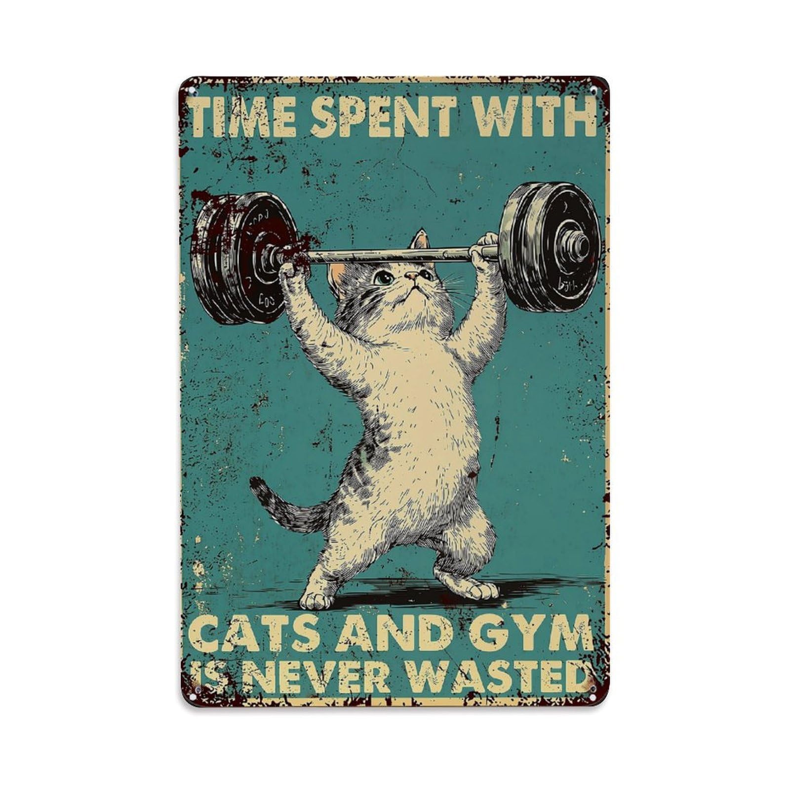 Bliveurn Vintage Cat Lifting Barbell Poster Retro Metal Tin Sign, Metal Poster For Home, Gaming Room, Studio Workshop,Bar,Garage Wall Art Decor 8X12 Inch