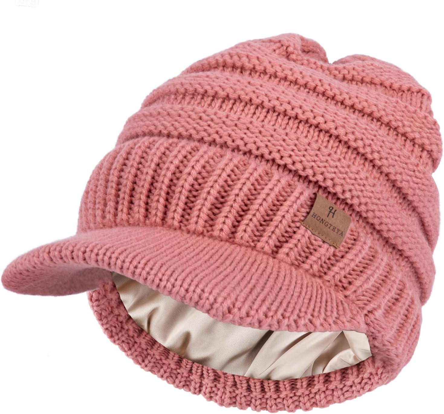 HONGTEYA Satin Lined Winter Beanies Hats for Men Women Knit Beanie with Brim Visor