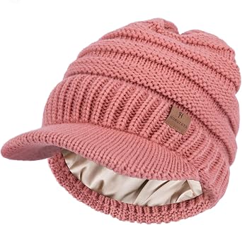 HONGTEYA Satin Lined Winter Beanies Hats for Men Women Knit Beanie with Brim Visor