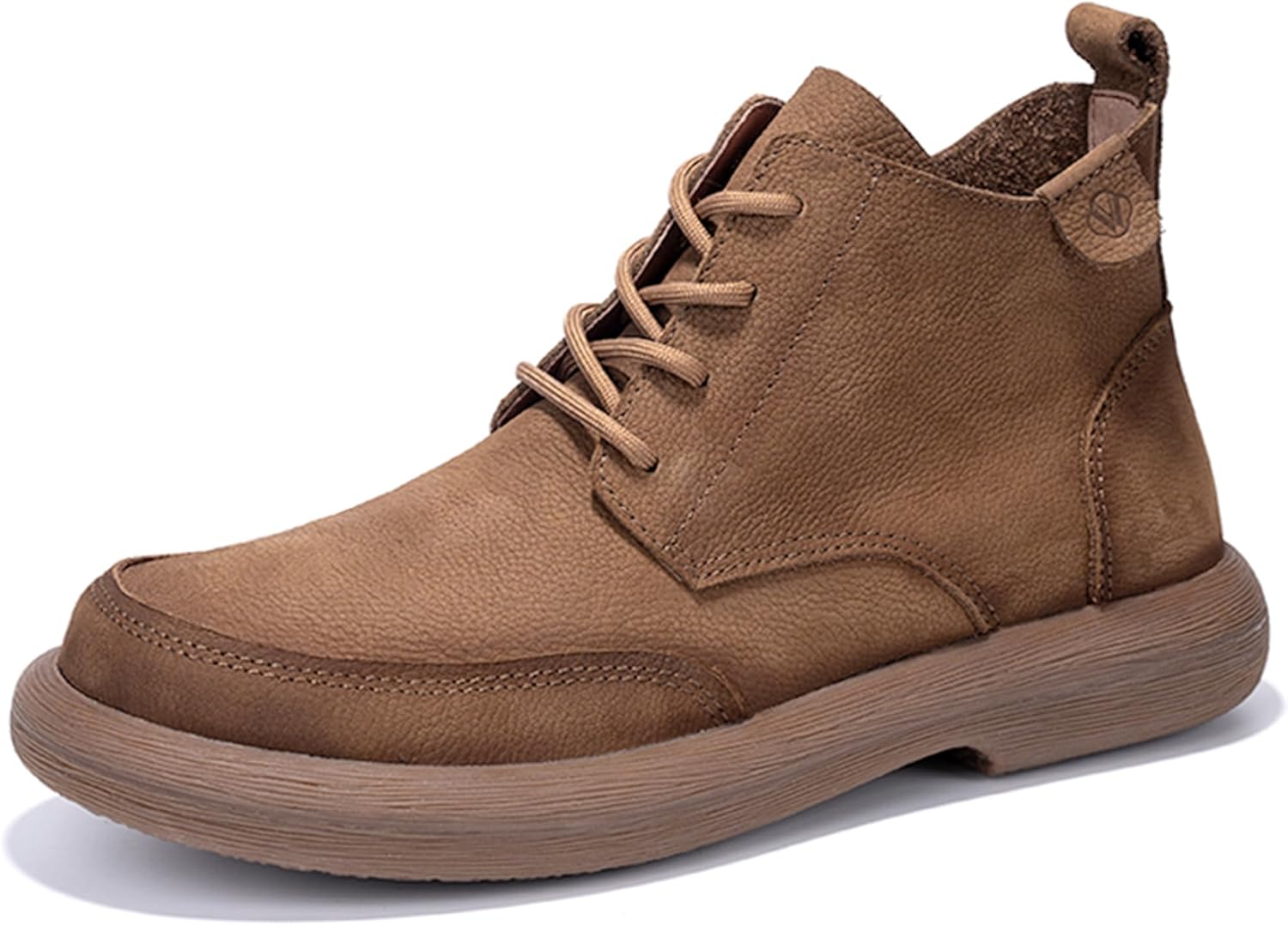 Men Lace Up Cowboy Boots, Round Toe Non-Slip Walking Shoes Ankle Bootie, Genuine Leather Comfortable Durable Breathable Fashion Western Retro Chelsea Boot Casual Work Hiking Camping