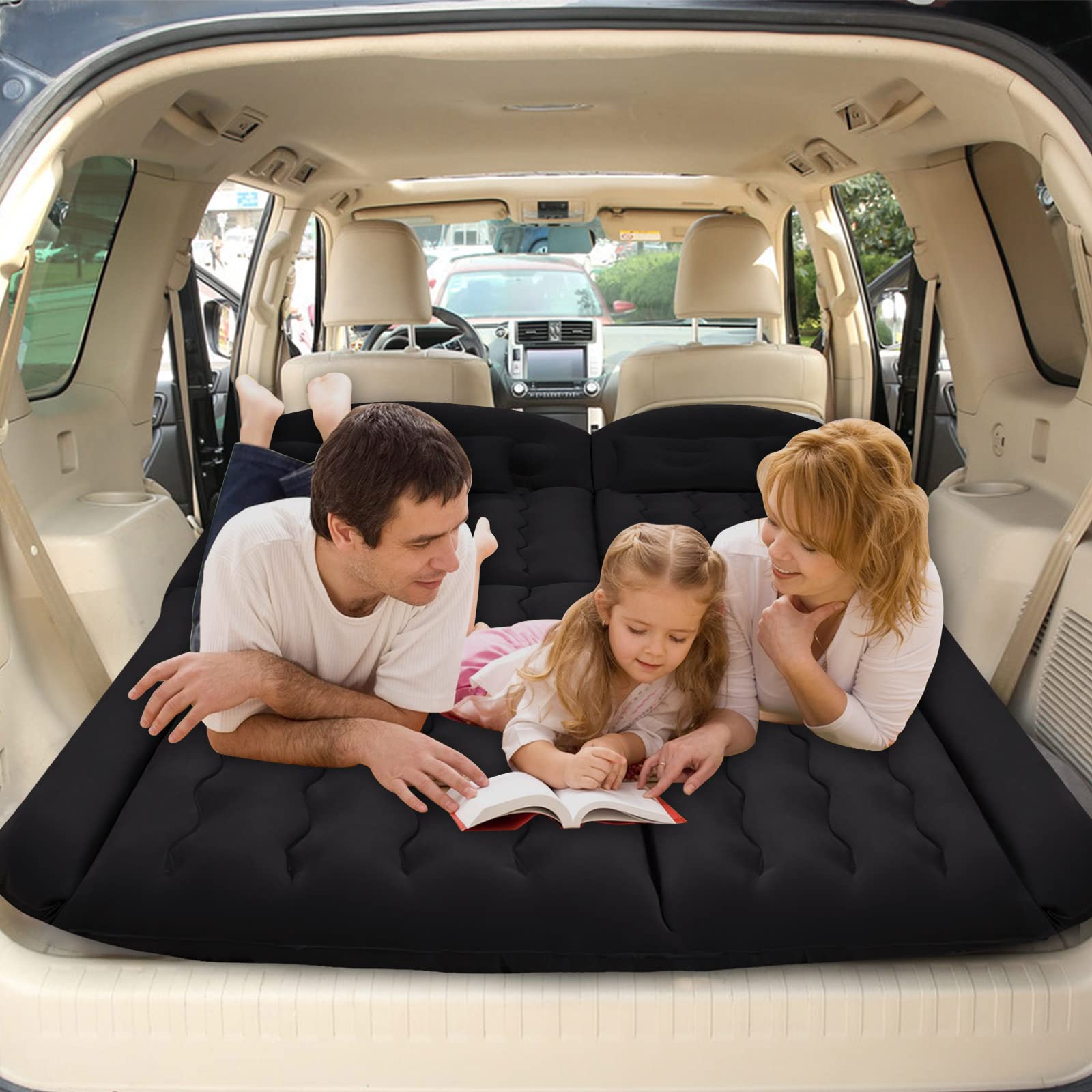 Plasaig Car Air Mattress SUV Inflatable Mattress 190 x 125 cm Flocked Air Bed Car for Back Seat & Boot Portable Camping Mattress with 2 Cushions Sleeping Mat for Car Travel Outdoor Black