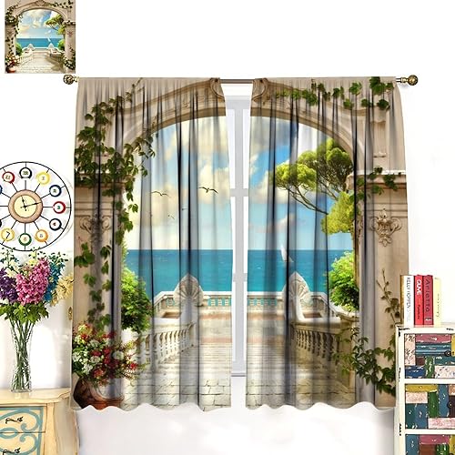 Miniatura 3 de Cortinas de ventana de playa tropical de verano, cielo azul, mar, arco clásico, floral, vides, terraza, gaviotas, dormitorio, estudio, habitación de