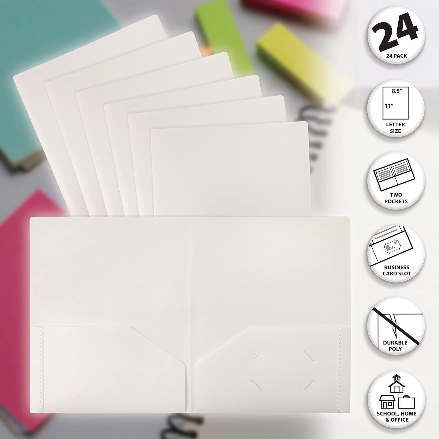 Better Office Products Heavyweight White Plastic 2 Pocket Portfolio Folder, Letter Size Poly Folders, 24 Pack, White