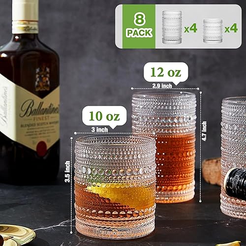 Miniatura 3 de Juego de 8 vasos vintage Hobnail para beber, vasos altos de 12 onzas y vasos de cóctel de 10 onzas, vasos de agua para cocina, bar, cerveza, jugo,