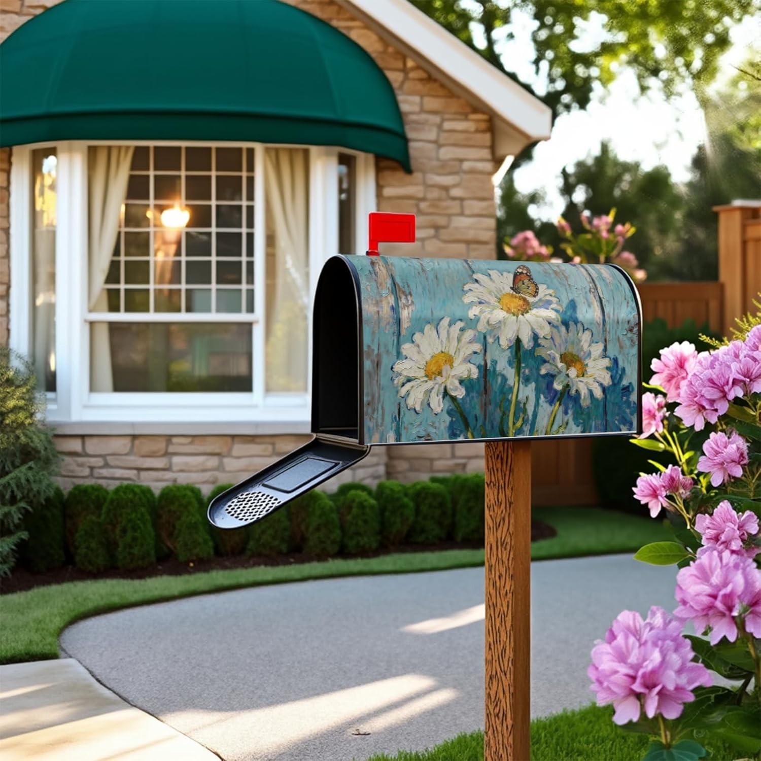 Daisy Floral Mailbox Covers Magnetic Standard Size Spring Summer Theme Woodgrain Flower Butterfly Print Seasonal Outdoor Decorative Letter Box Cases for Home Garden Outside Decor, 21x18 Inch