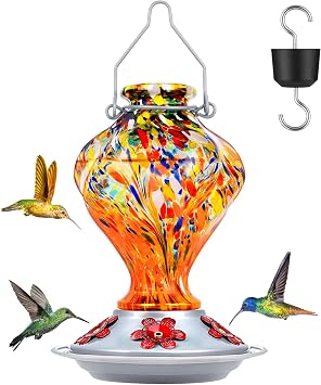Hummingbird Feeder, BOLITE Glass Hummingbird Feeders for Outdoors Hanging, Hand Blown Twisted with Ant Moat, 5 Bee-Proof Ports, 360 Perch, Leak-Proof, 24oz, Orange, Gifts for Mom Dad Women Men