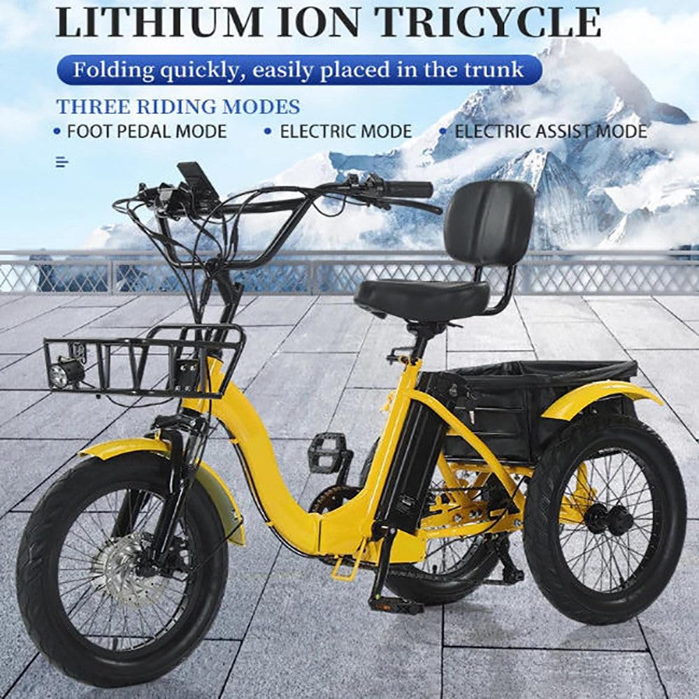 Triciclo Elettrico per Adulti,Bicicletta A Tre Ruote per Adulti,Pneumatici Larghi da 18",3 modalità di Guida,Guida Fluida,con Cestino Posteriore,Display,Pieghevole,Ideale per Gli Spostamenti
