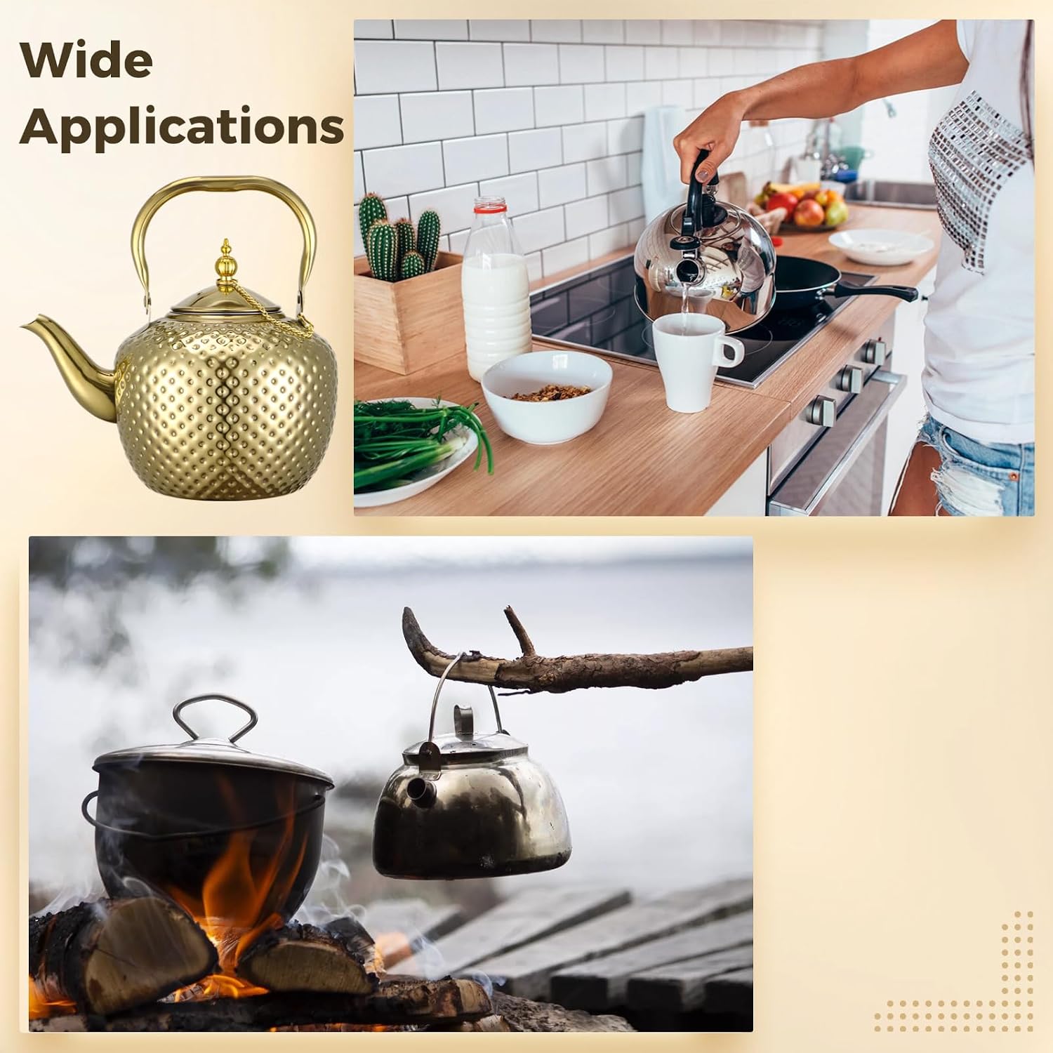 2000ml Gold Tea Kettle, Stainless Steel Teapot, Tea Kettle with Infuser, Hammered Finish, Curved Spout, Decorative Water Kettle, Ideal for Home