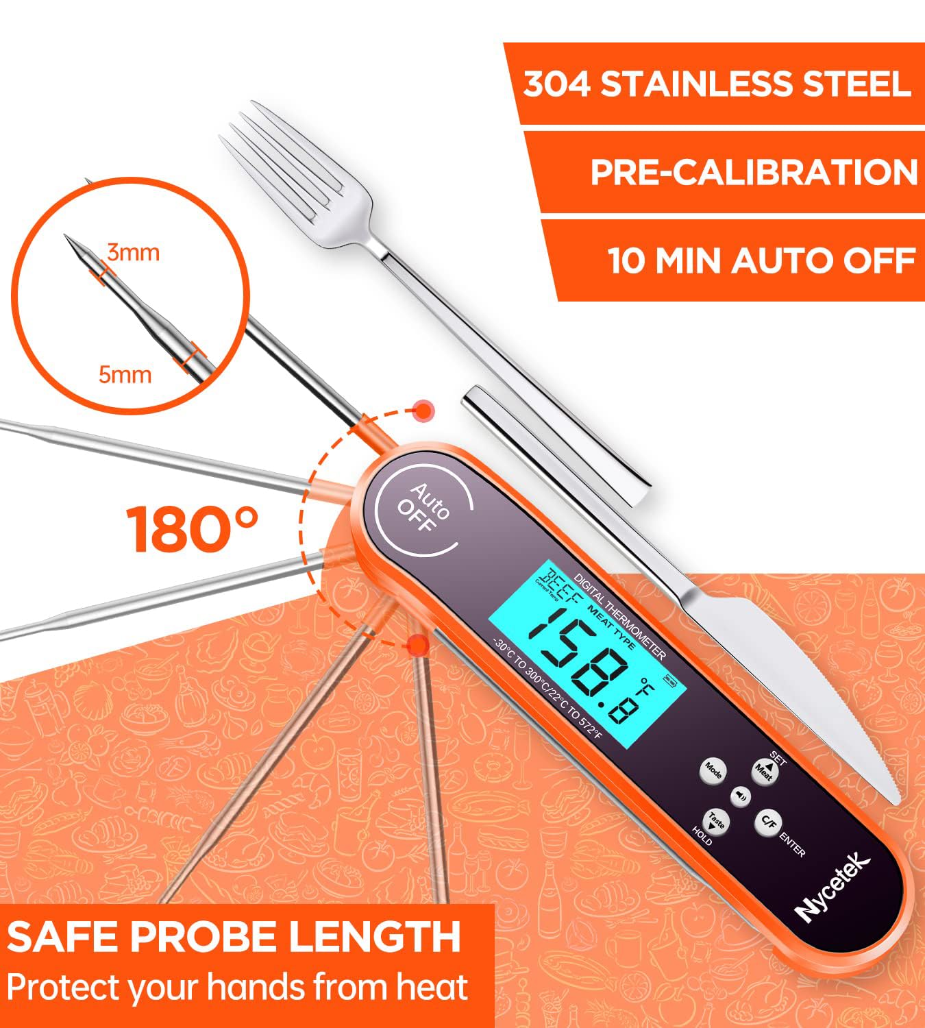 Thermomètre à Viande Numérique Instantané - Sonde Fine 1.7mm, écran Rétroéclairé, étanche IP65 - Pour Cuisson, BBQ, Confiserie