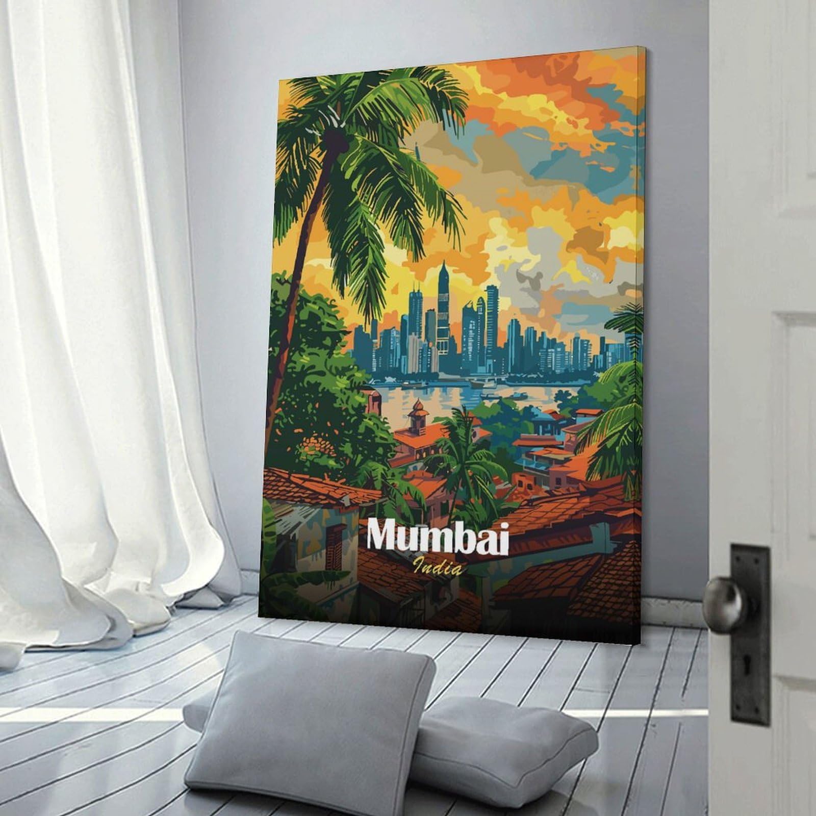 Junmoney Mumbai India Skyline Art Canvas Wall Picture, 20x30inch(50x75cm), for Wall Displays, Bedrooms Or Room Updates, Wall Decor Suited to Curated Displays