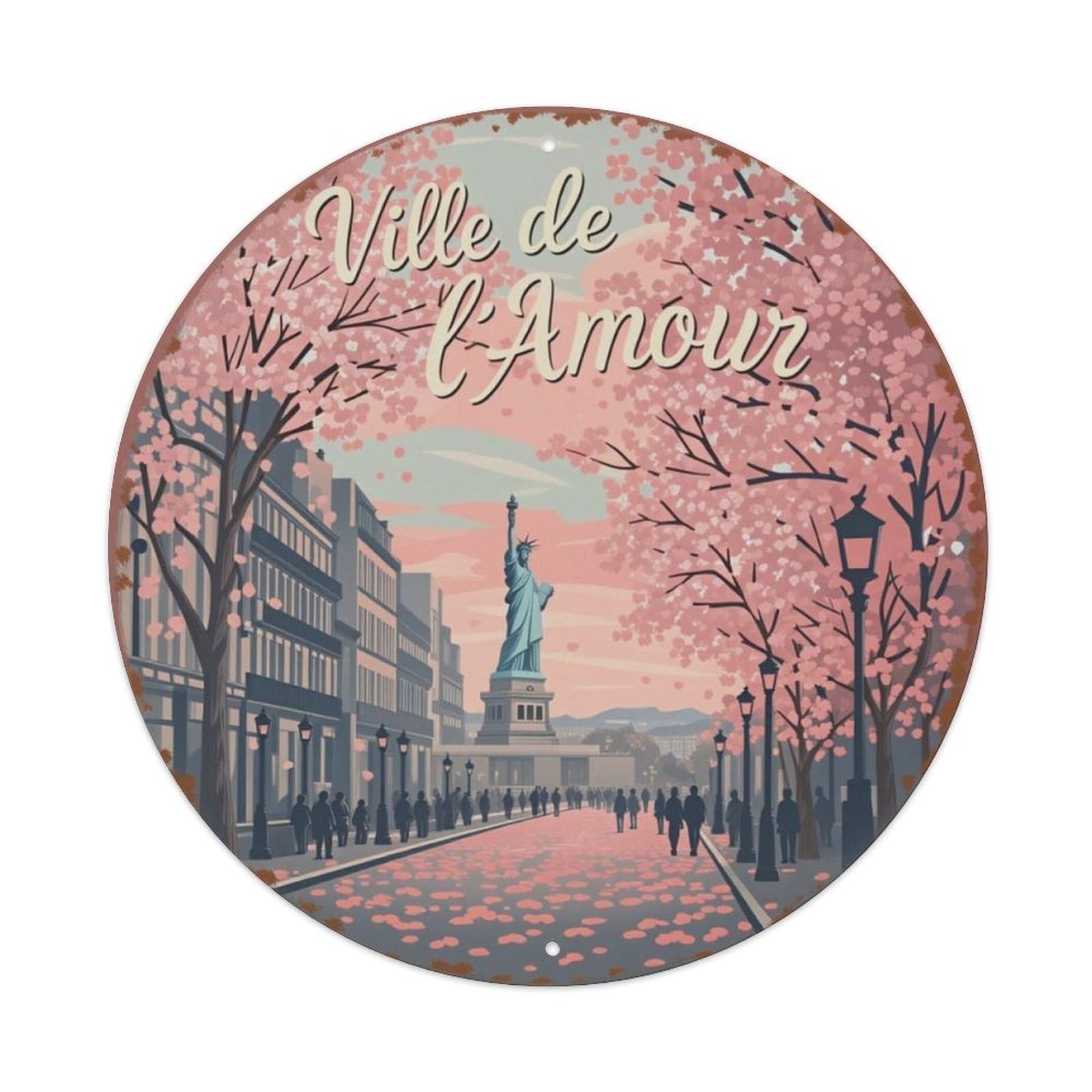 Cherry Blossom Statue Of Liberty Street Round Decor Sign Vintage Aluminium Metal Sign, Retro Wall Decor for Home, Bar, Garage & Farmhouse 20x20cm
