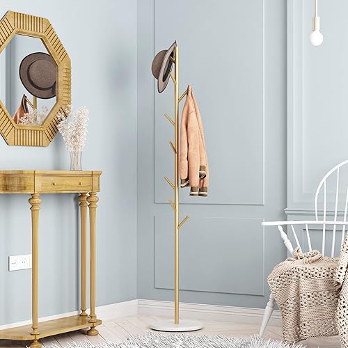 Miniatura 7 de DOORXIFO Percheros dorados, perchero de metal independiente con ganchos, perchero de entrada, perchero con base de mármol, árbol de abrigo para