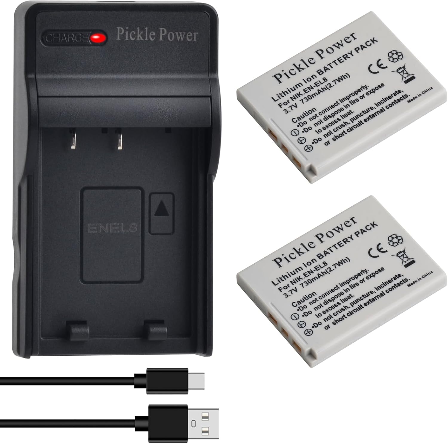 Pickle Power EN-EL8 Battery 2 Pack and Charger for Nikon Coolpix P1 P2 S1 S2 S3 S5 S6 S7 S7c S8 S9 S50 S51 S51c S52 S52c, Cool-Station MV-11, MV-12